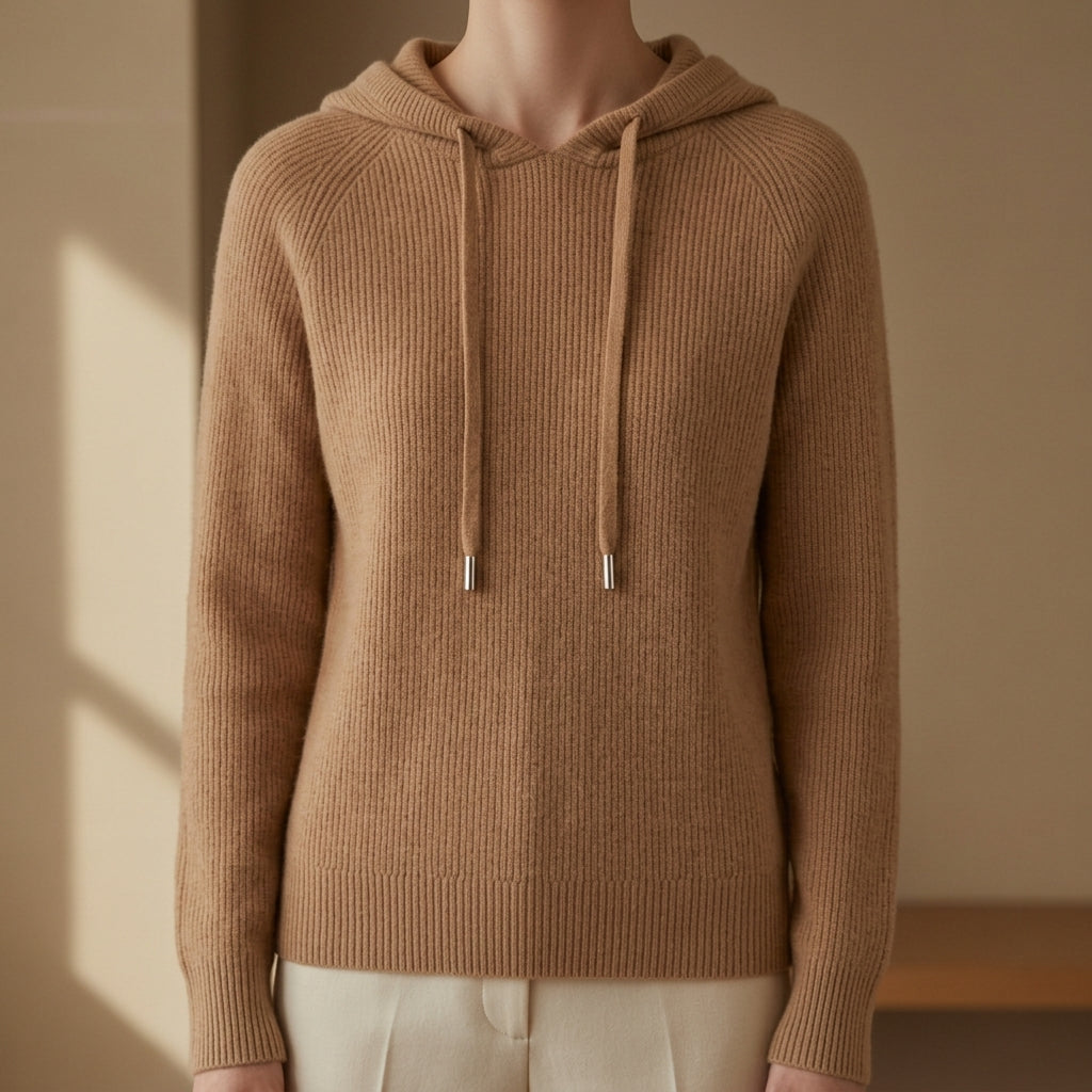 Women's knitted hooded sweater in camel tan, drawstring hood, ribbed cuffs and hem