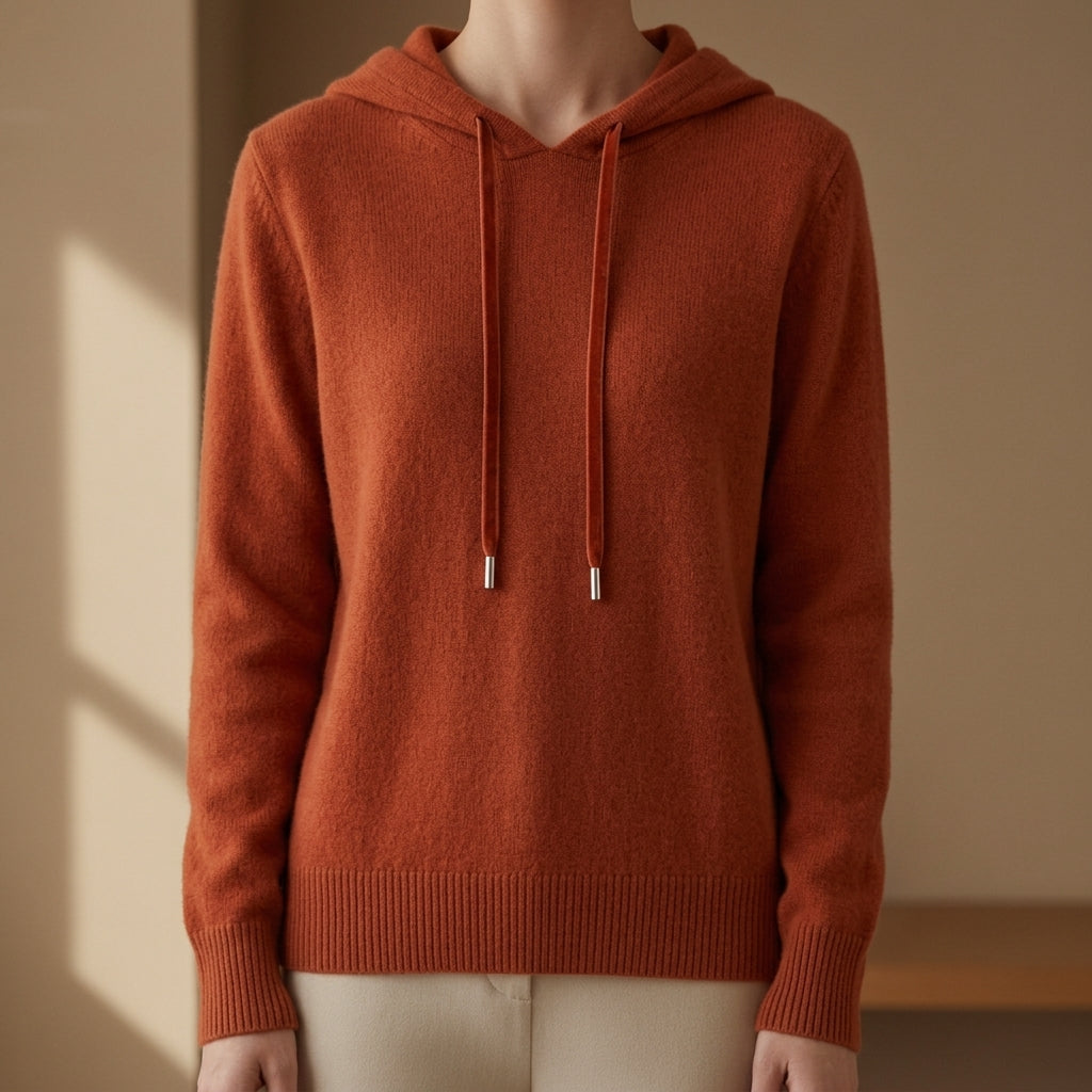 Women's knitted hooded sweater in terracotta rust, drawstring hood, ribbed cuffs and hem