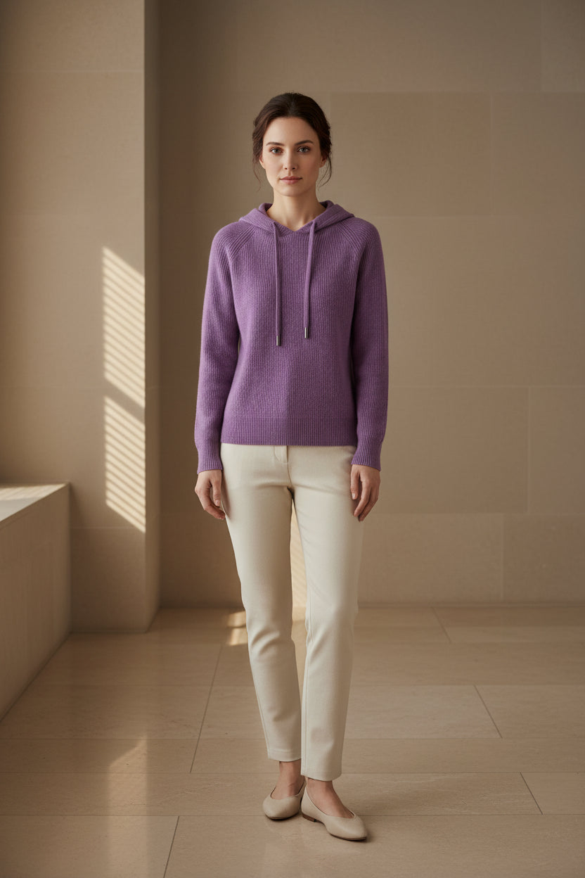 Women's knitted hooded sweater in lavender knit, drawstring hood, ribbed cuffs and hem