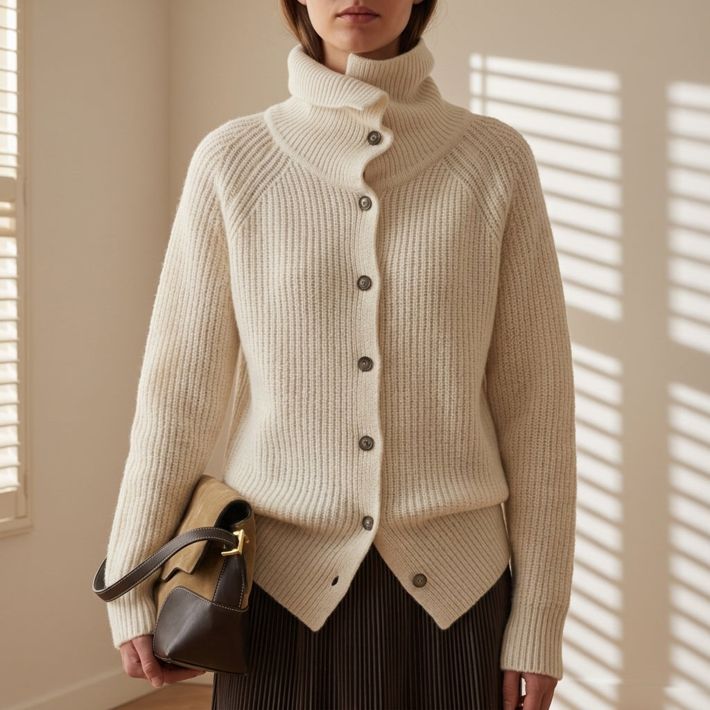 Women's ivory ribbed knit turtleneck sweater, long sleeves and button-front