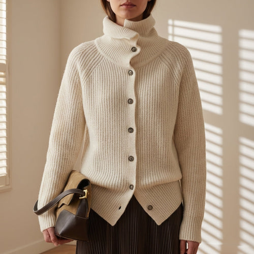 Women's ivory ribbed knit turtleneck sweater, long sleeves and button-front