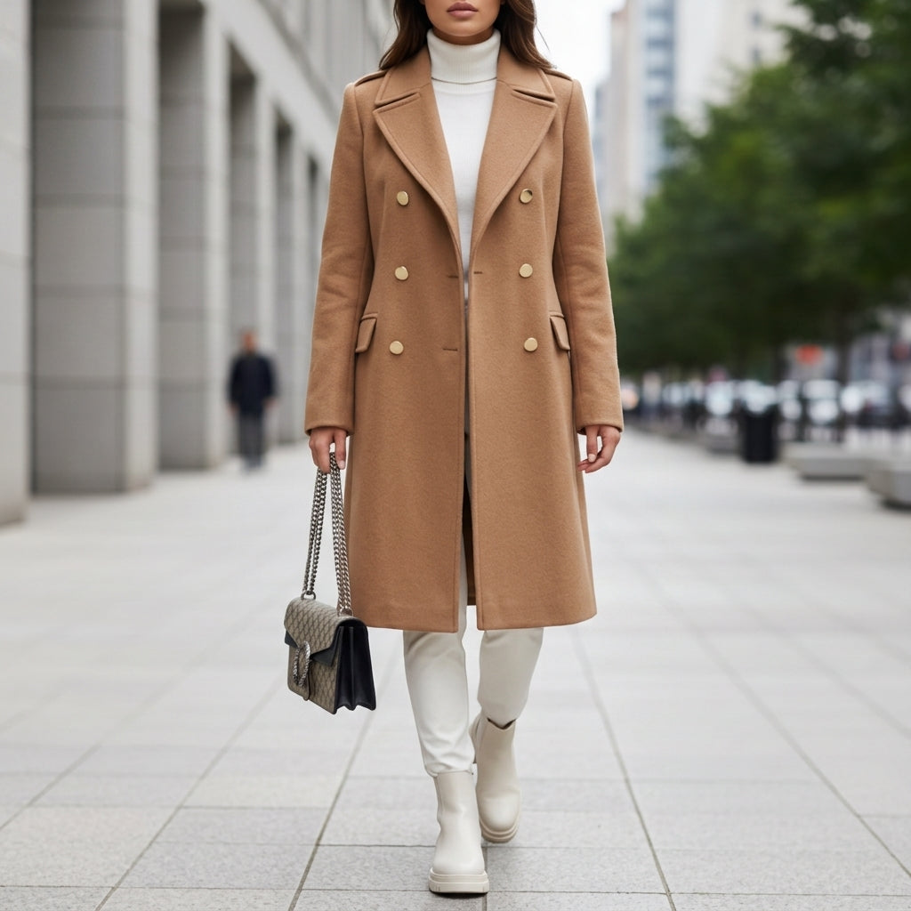 Espresso brown double-breasted longline coat with gold buttons and notched lapels