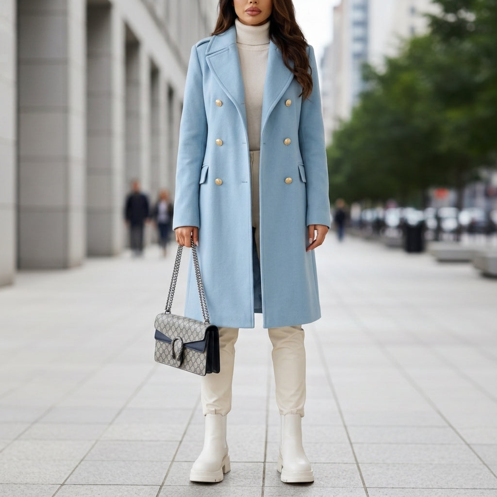 Sky blue double-breasted longline coat with gold buttons and notched lapels