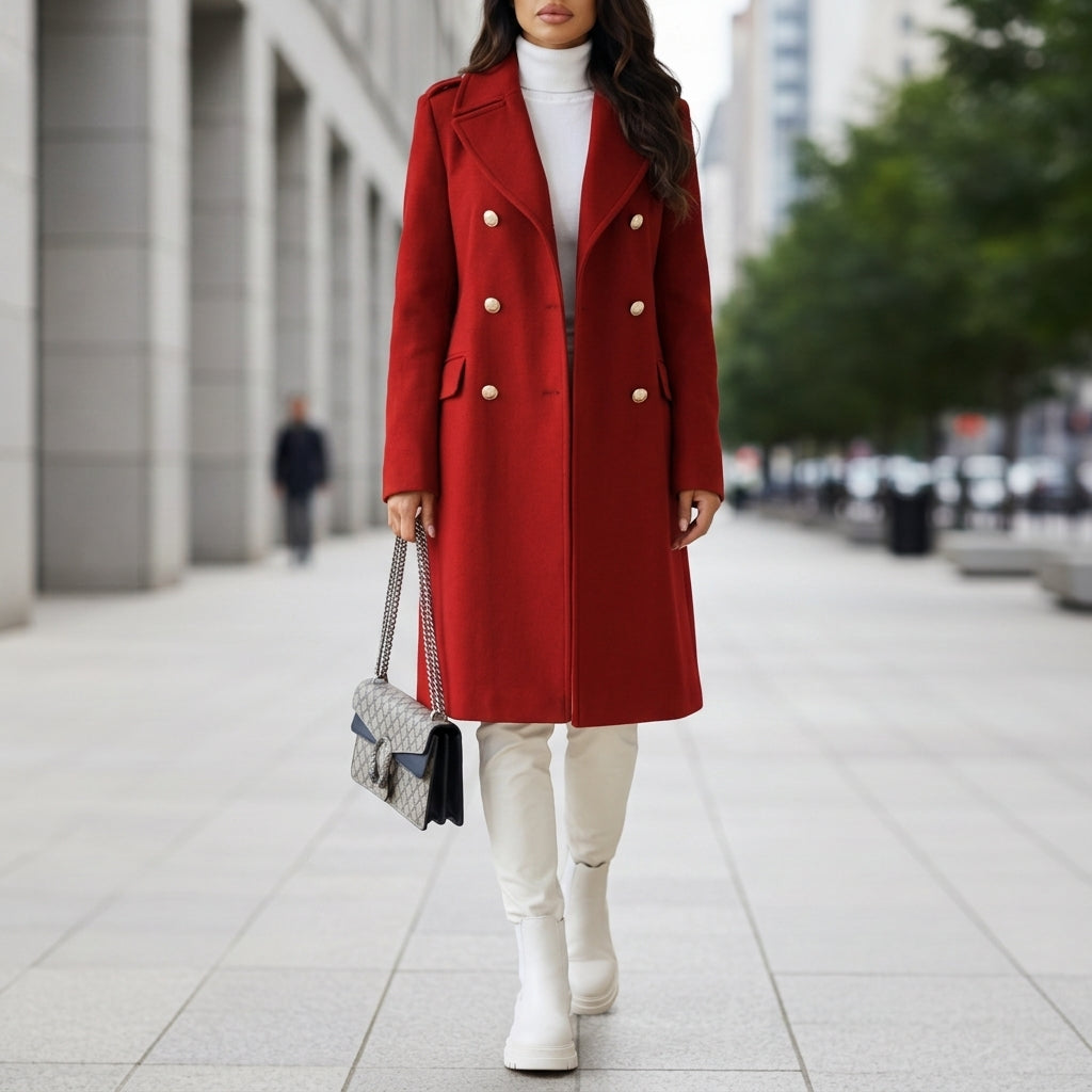 Crimson red double-breasted longline coat with gold buttons and notched lapels