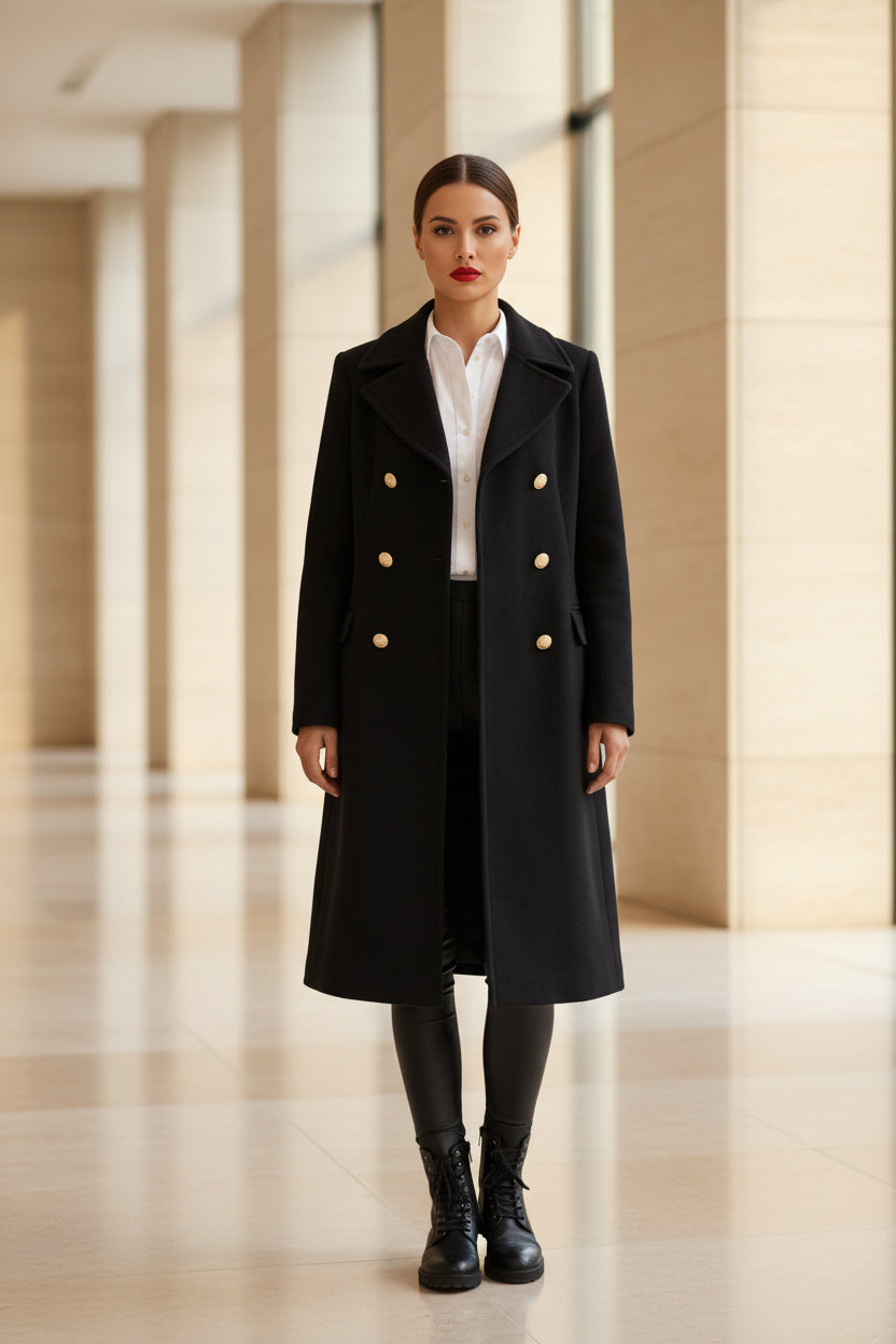Classic black double-breasted longline coat with gold buttons and notched lapels