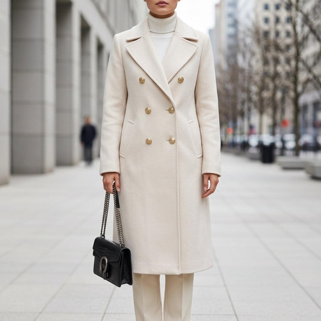 Ivory double-breasted longline coat with gold buttons and notched lapels