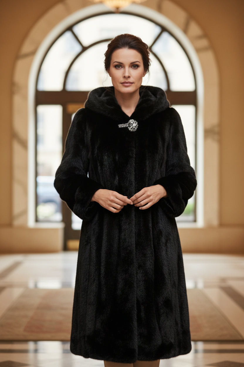 Black hooded faux fur coat with front jeweled clasp