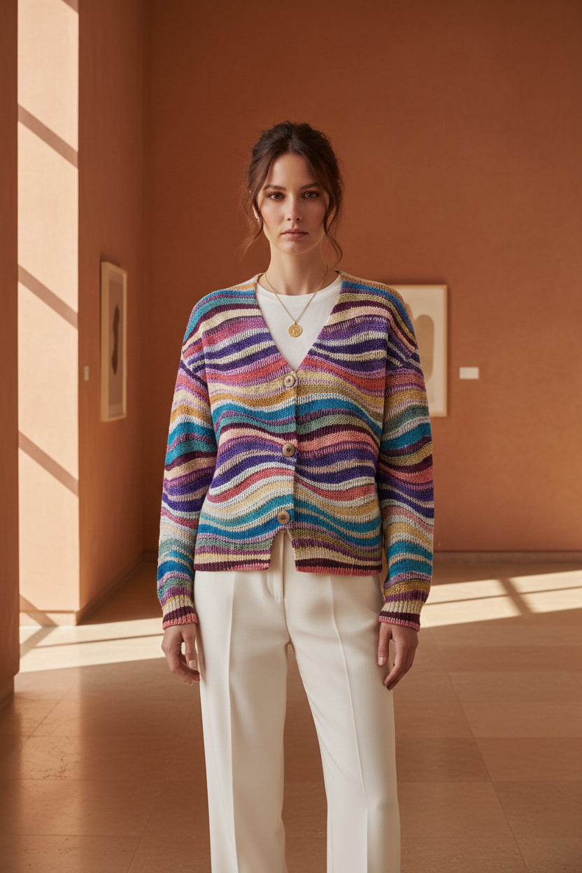 Women’s multicolor knit cardigan with button front, V-neck, rainbow stripe pattern