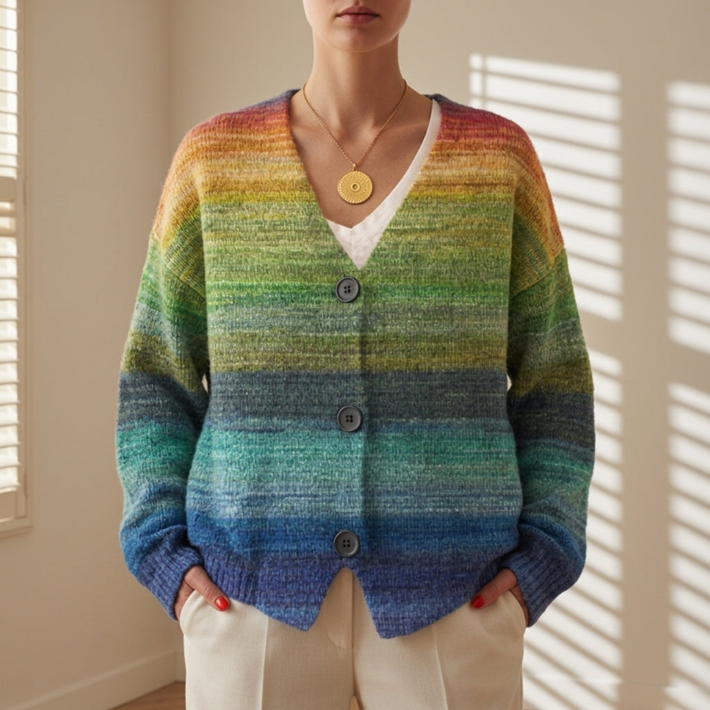 Women’s multicolor knit cardigan with button front, V-neck, sunset gradient stripe knit