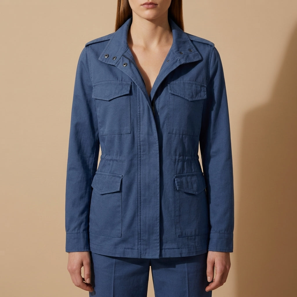 Slate blue field jacket with button front, two chest flap pockets, and side patch pockets.