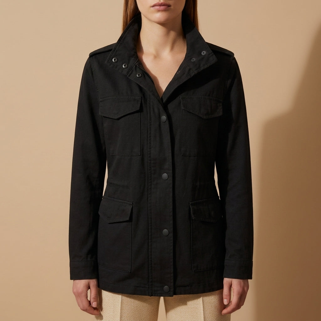 Black field jacket with snap button front, two chest flap pockets, and side cargo pockets.