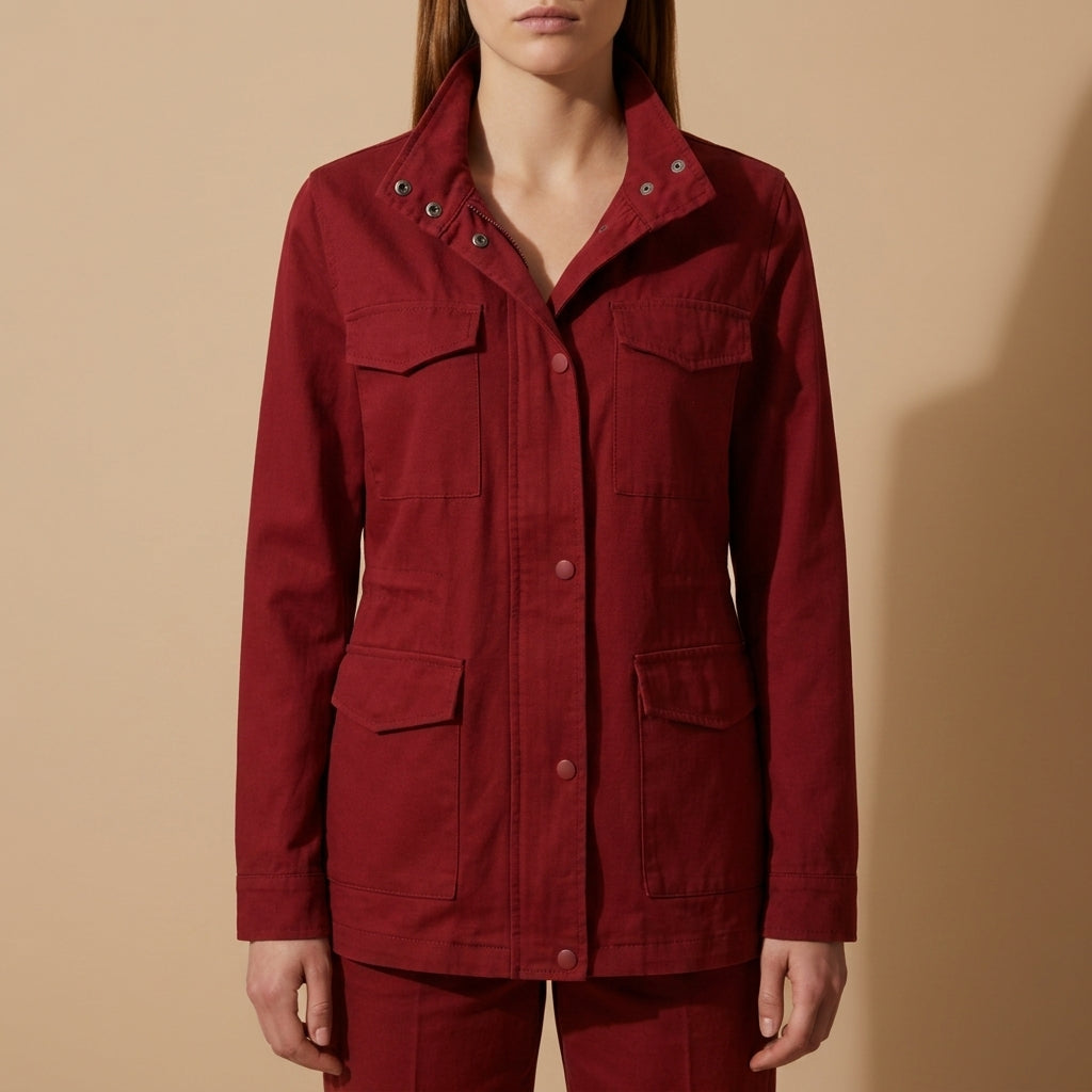 Burgundy field jacket with button front, stand collar, and two chest flap pockets.