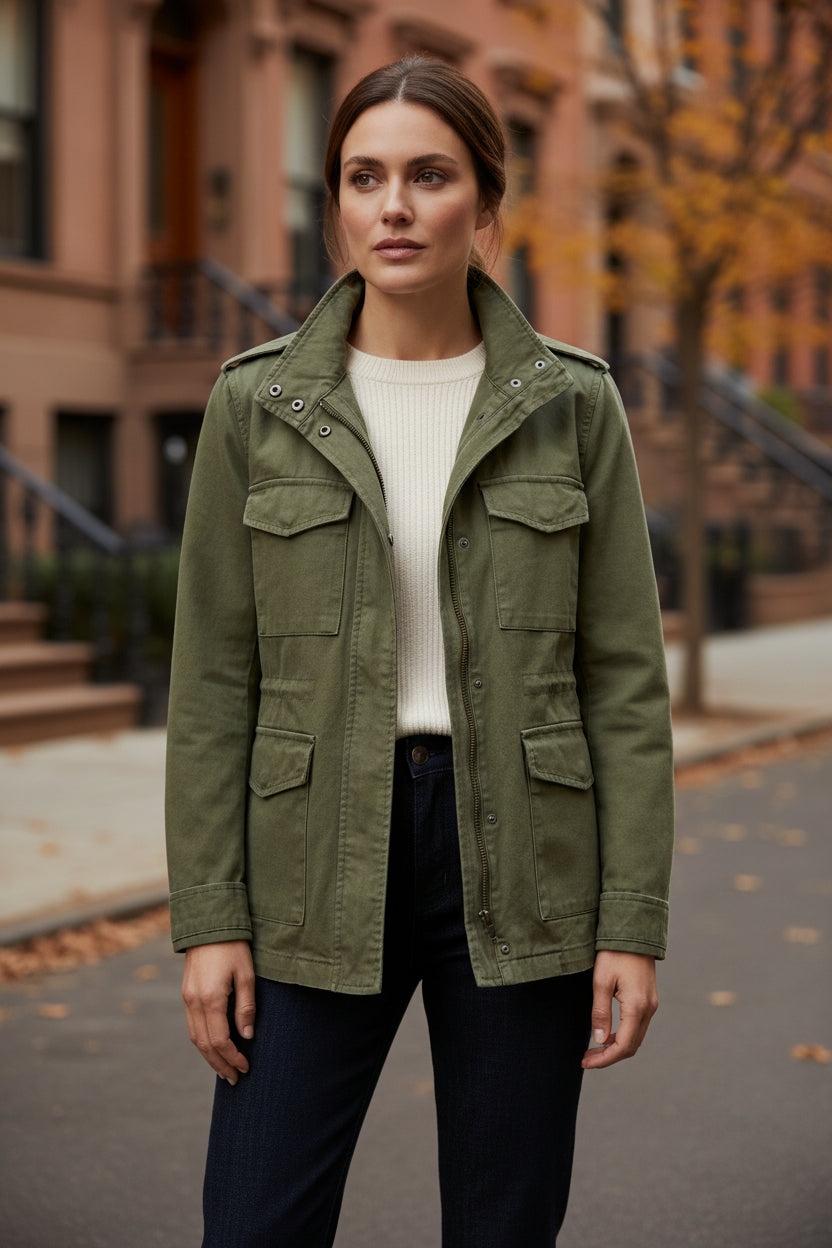 Olive green field jacket with button front and two chest flap pockets, utility cuffs.