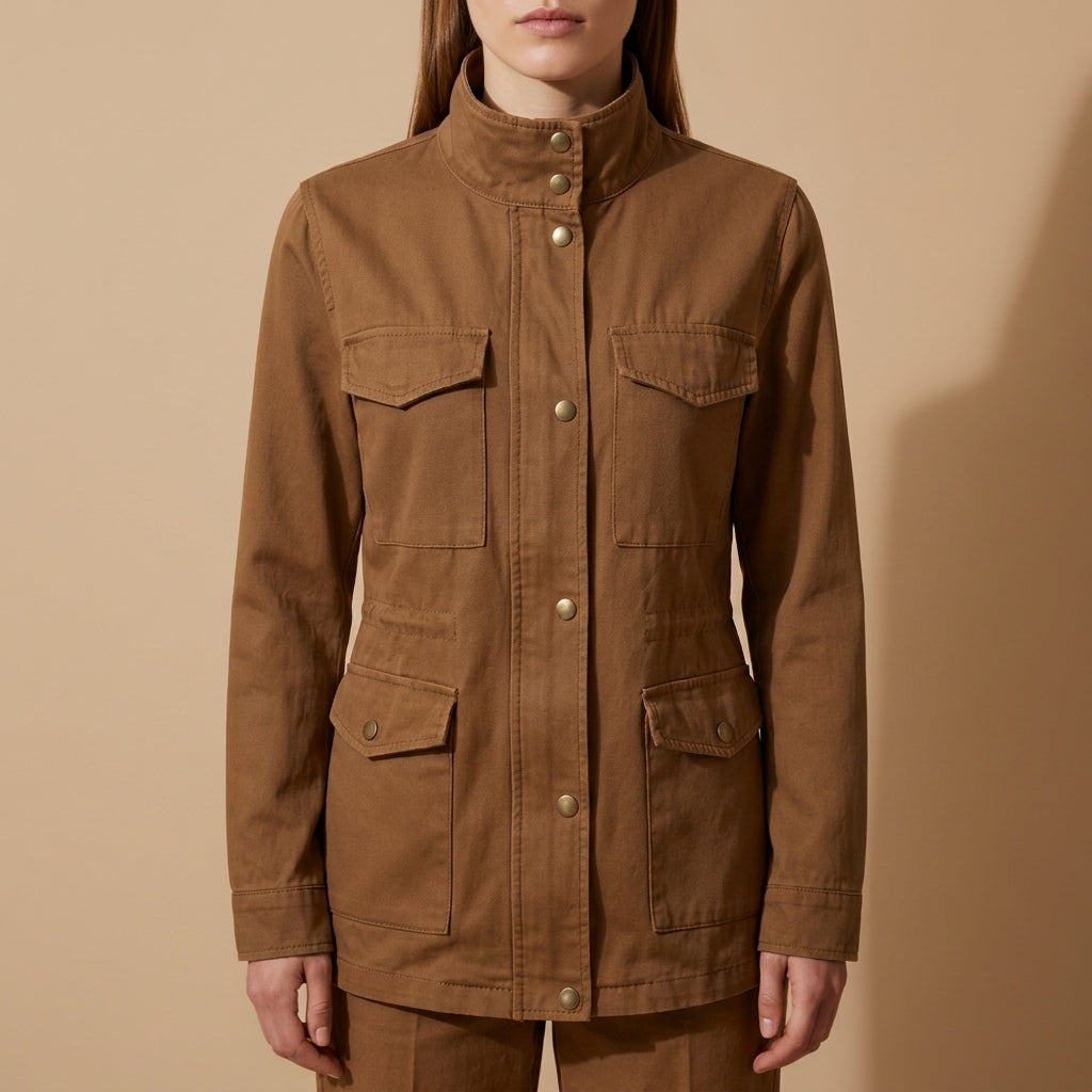 Khaki brown field jacket with button front, stand collar, and two chest flap pockets.