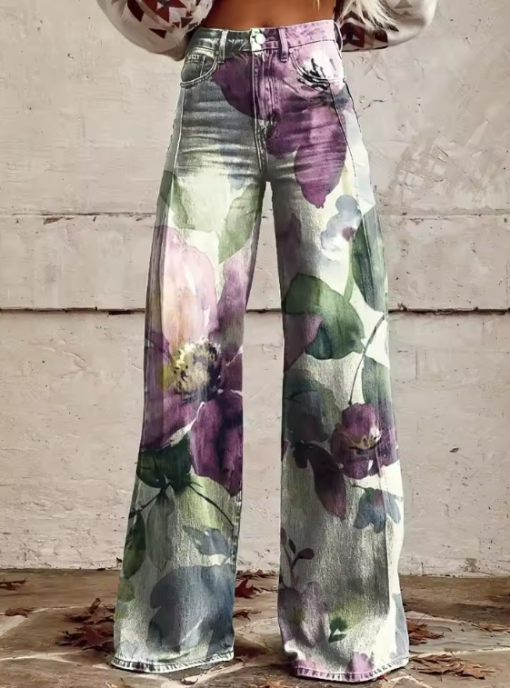 Multicolor floral print wide-leg pants with relaxed fit