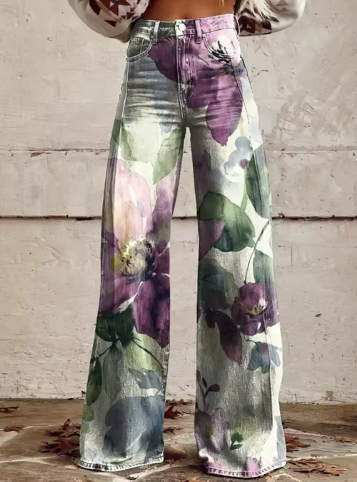 Multicolor floral print wide-leg pants with relaxed fit