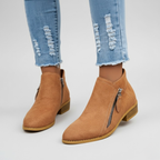 Brown suede zip ankle boots with side zipper and low block heel