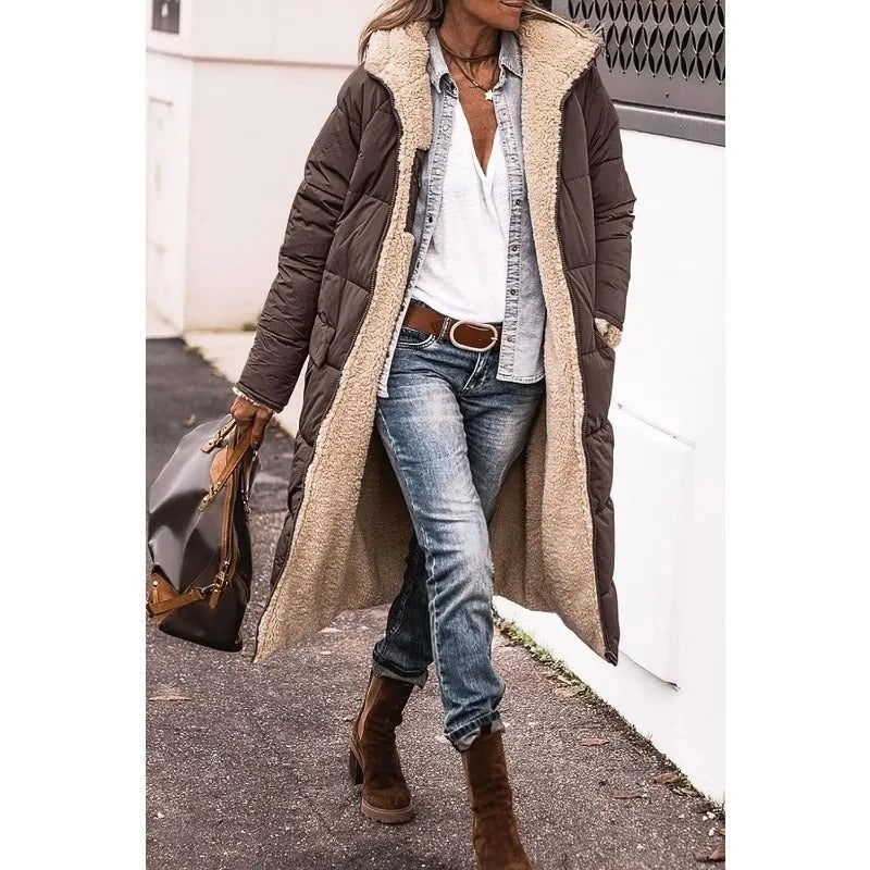 Brown longline puffer jacket with sherpa-lined hood and tan interior lining