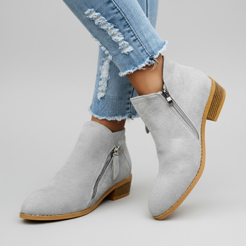 Light gray zip ankle boots with side zipper and low block heel