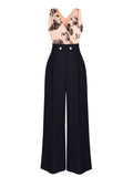 Black wide-leg jumpsuit with nude sheer V-neck bodice and butterfly embroidery