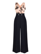 Black wide-leg jumpsuit with nude sheer V-neck bodice and butterfly embroidery