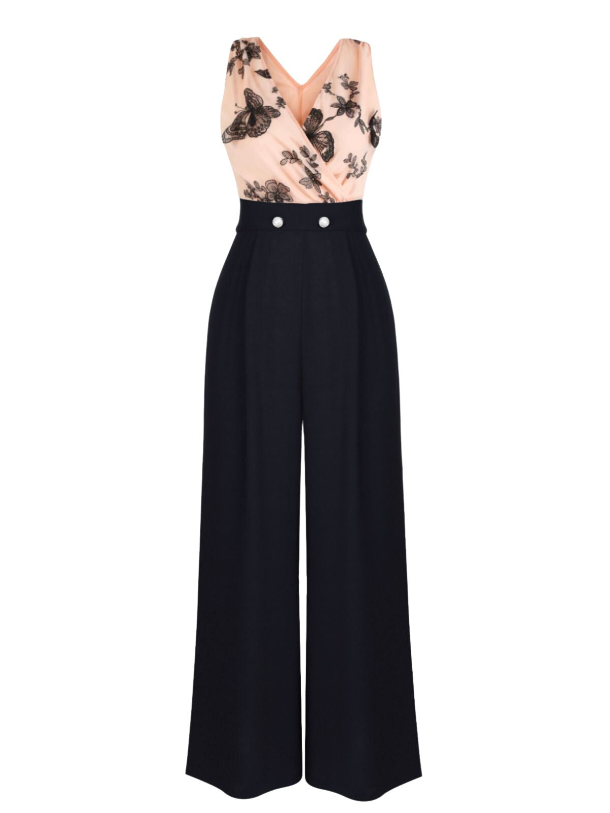 Black wide-leg jumpsuit with nude sheer V-neck bodice and butterfly embroidery