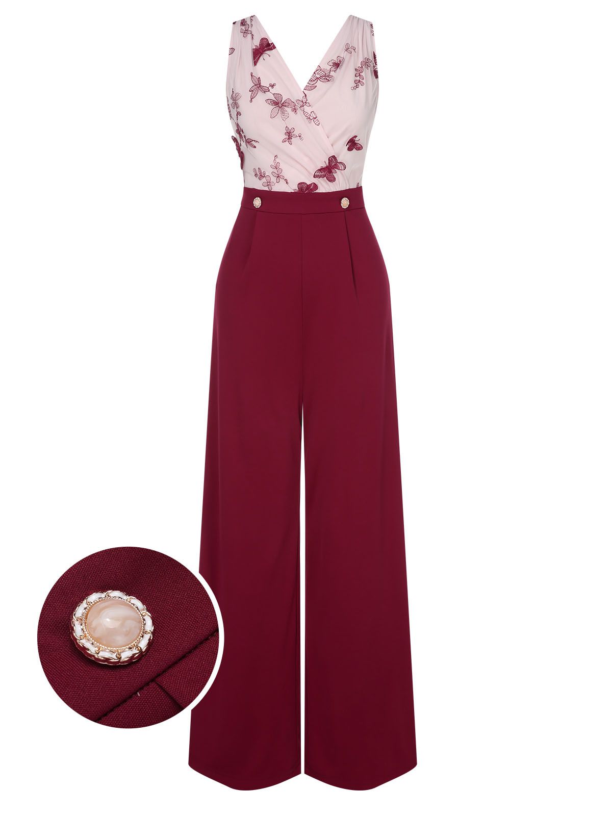 Wine red wide-leg jumpsuit with sheer V-neck bodice and butterfly embroidery, front button detail