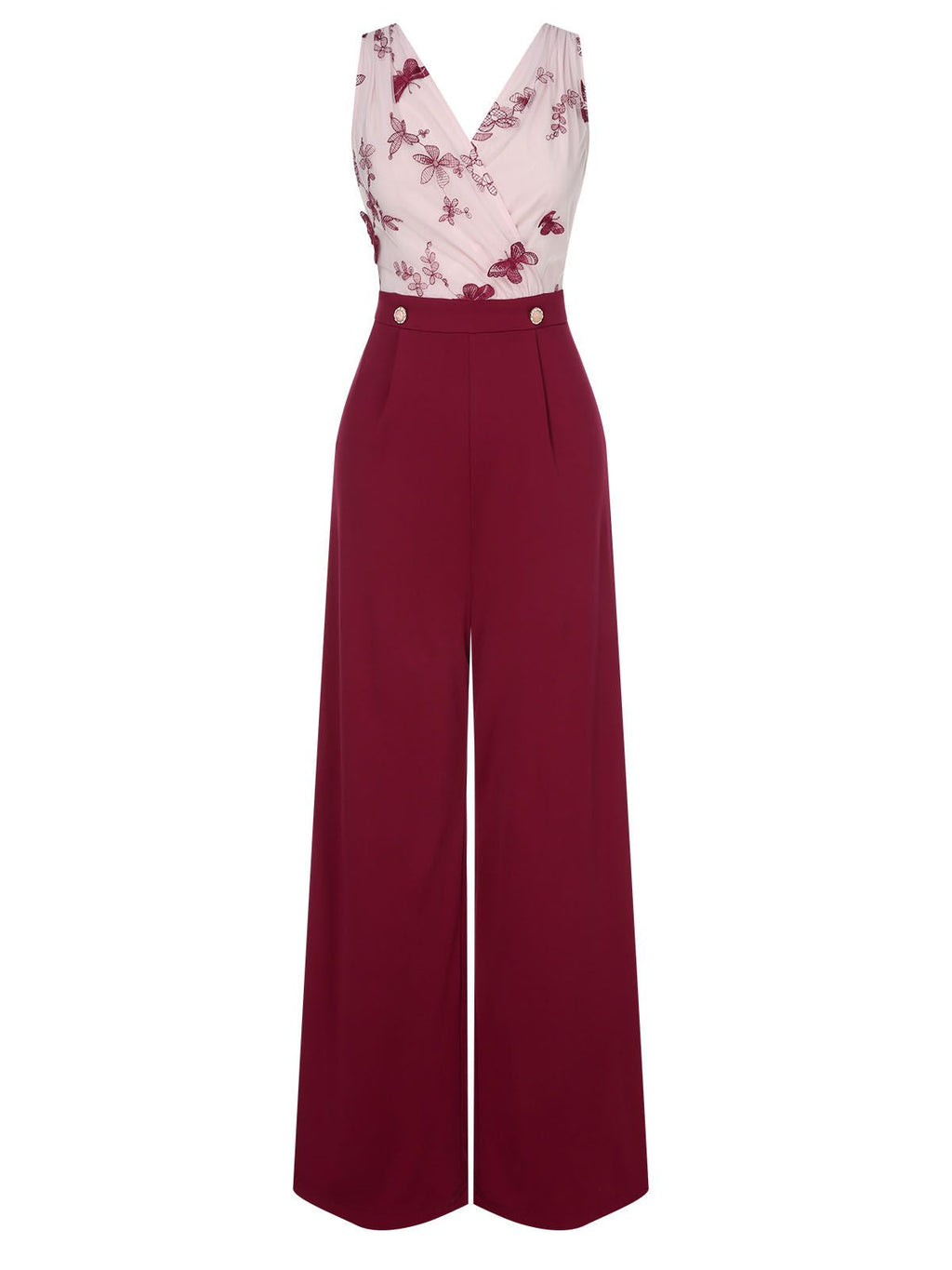 Wine red wide-leg jumpsuit with sheer V-neck bodice and butterfly embroidery, fitted waist