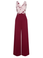 Wine red wide-leg jumpsuit with sheer V-neck bodice and butterfly embroidery, fitted waist