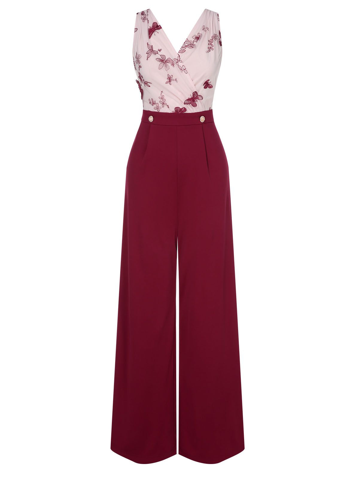 Wine red wide-leg jumpsuit with sheer V-neck bodice and butterfly embroidery, fitted waist