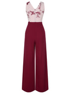Wine red wide-leg jumpsuit with sheer V-neck bodice, bow-like butterfly embroidery