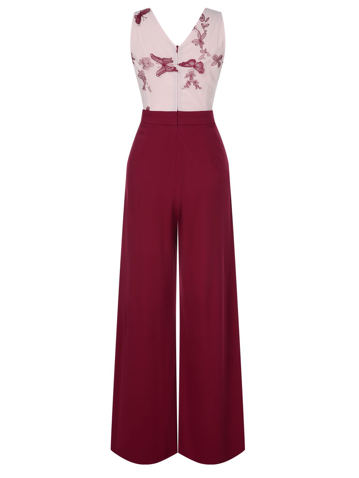 Wine red wide-leg jumpsuit with sheer V-neck bodice, bow-like butterfly embroidery