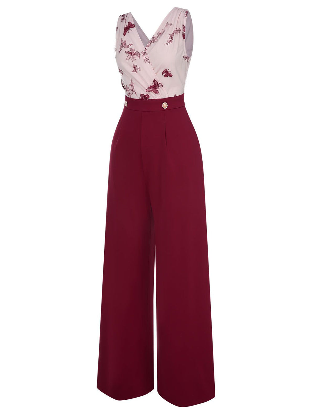 Wine red wide-leg jumpsuit with sheer V-neck bodice and butterfly embroidery, buttoned waist