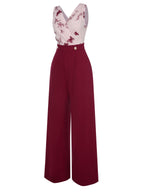 Wine red wide-leg jumpsuit with sheer V-neck bodice and butterfly embroidery, buttoned waist