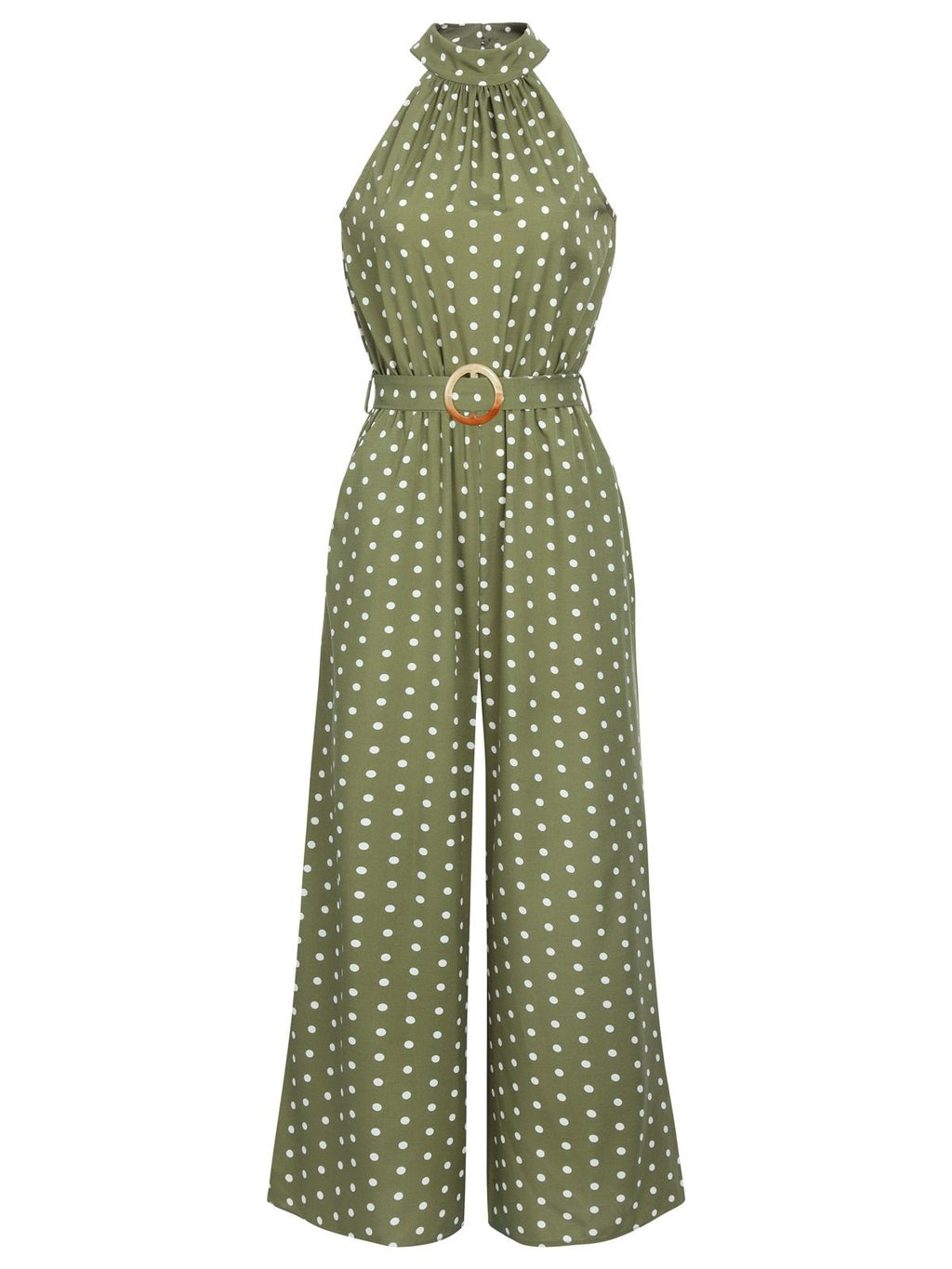 Green polka dot halter jumpsuit with belt and wide-leg pants