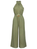 Green polka dot halter jumpsuit with belt and wide-leg pants