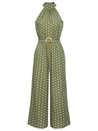 Green polka dot halter jumpsuit with belt and wide-leg pants
