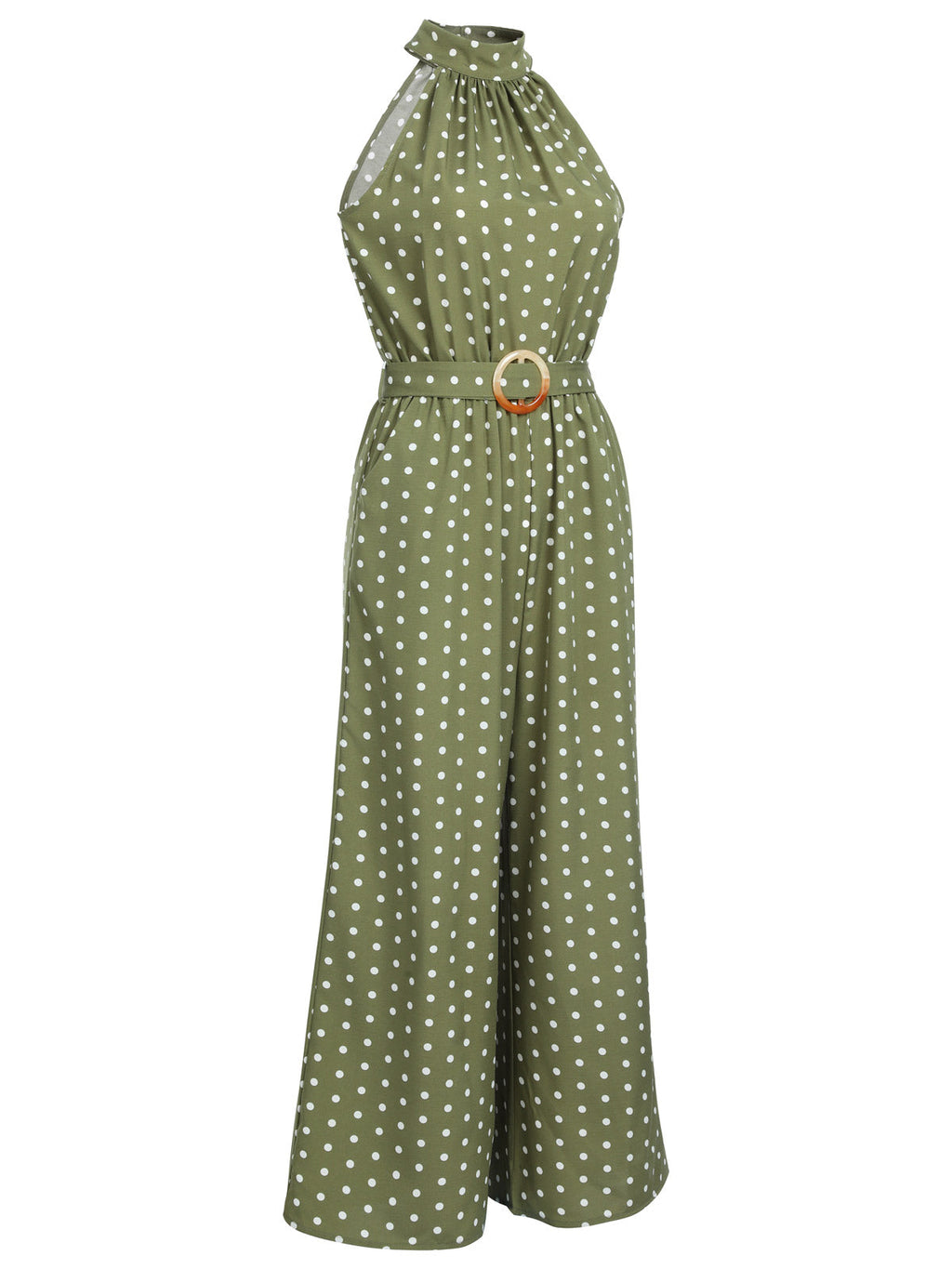 Green polka dot halter jumpsuit with belt buckle and wide-leg pants