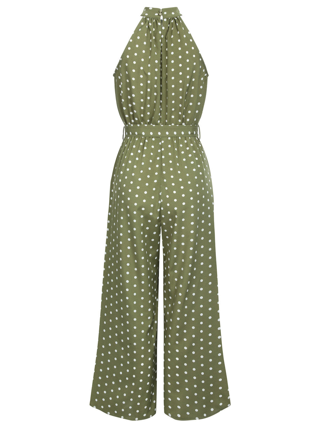 Green polka dot halter jumpsuit with belt and wide-leg silhouette