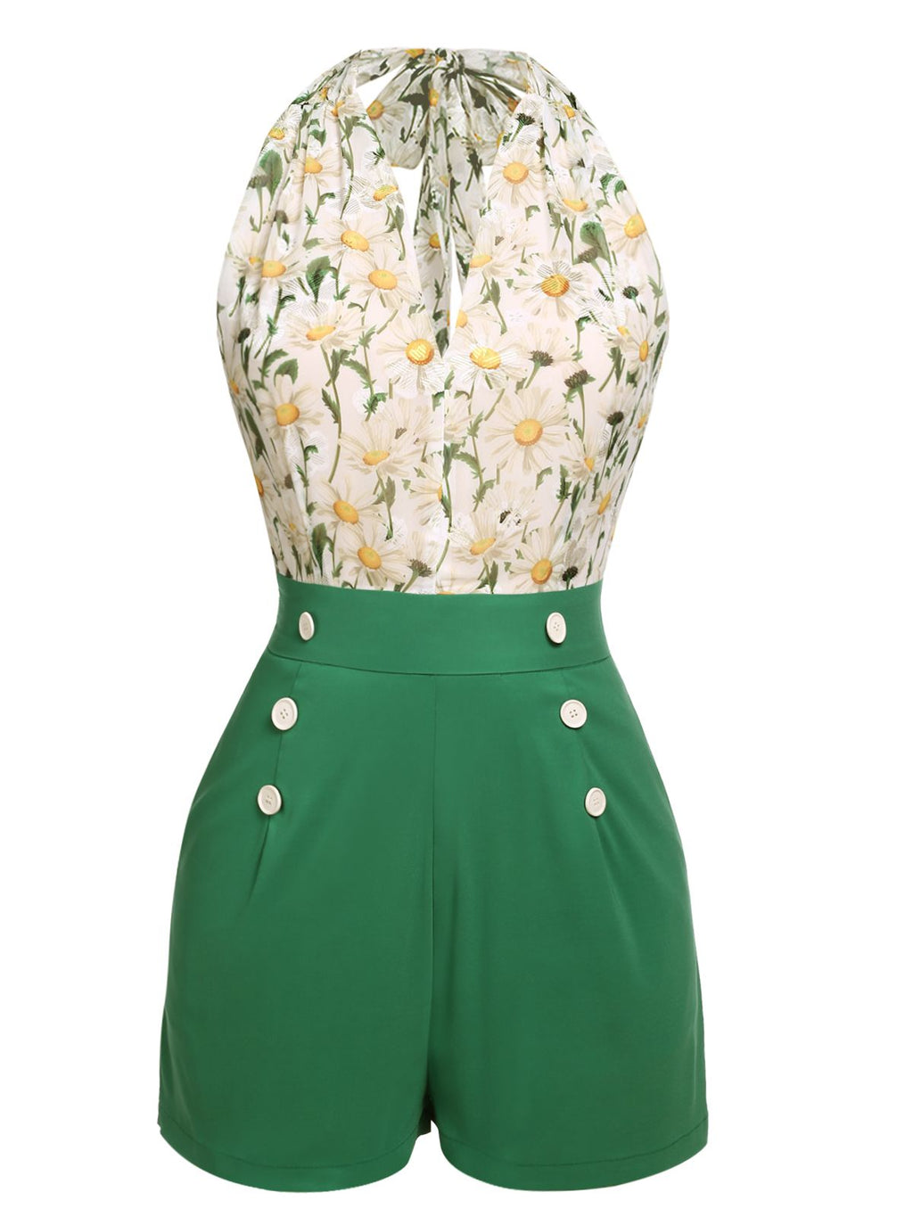 Green floral halter romper with white daisy print bodice and high-waist buttoned shorts