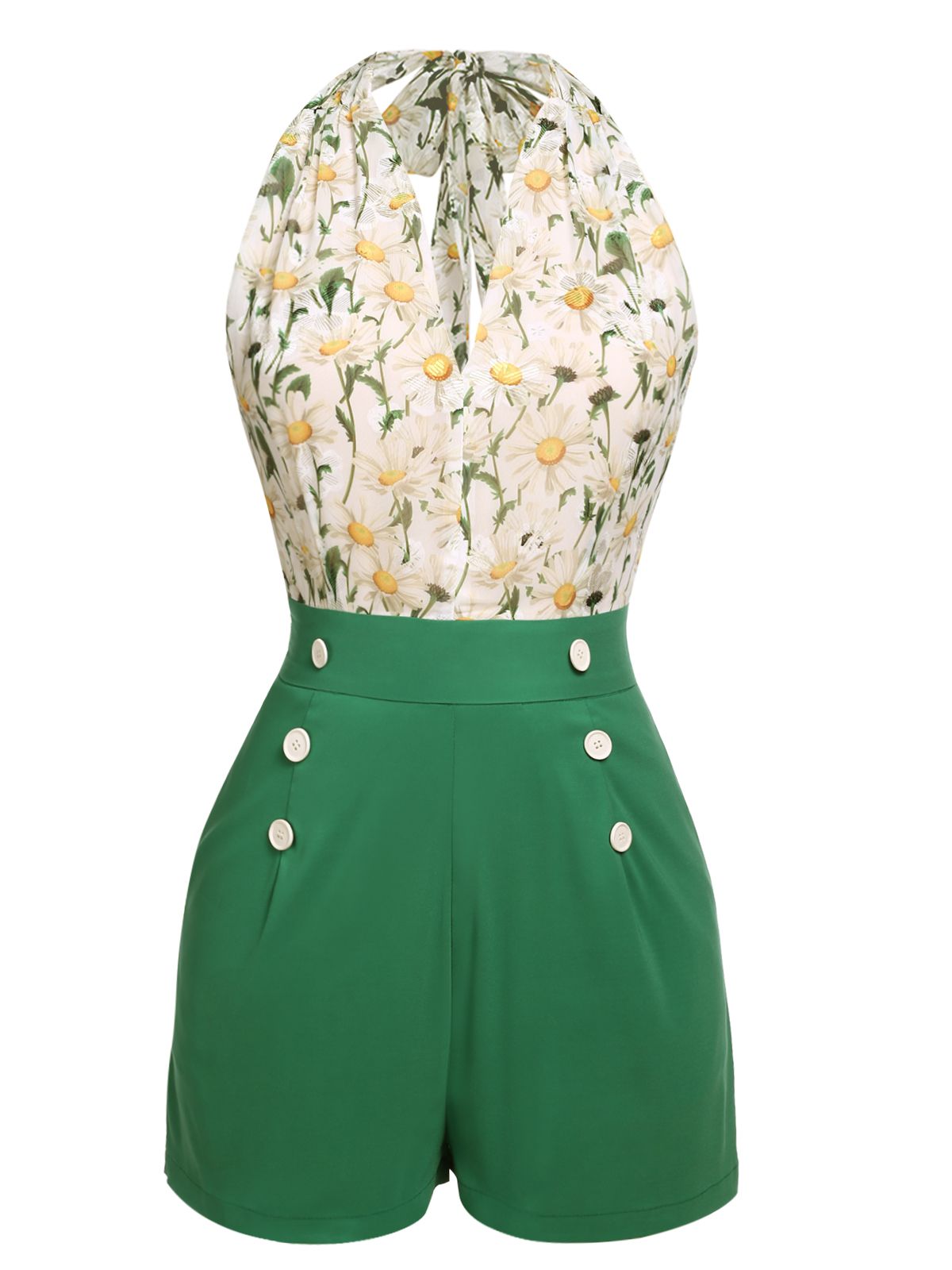 Green floral halter romper with white daisy print bodice and high-waist buttoned shorts