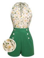 Green floral halter romper, white daisy print bodice with button trim; includes pocket detail