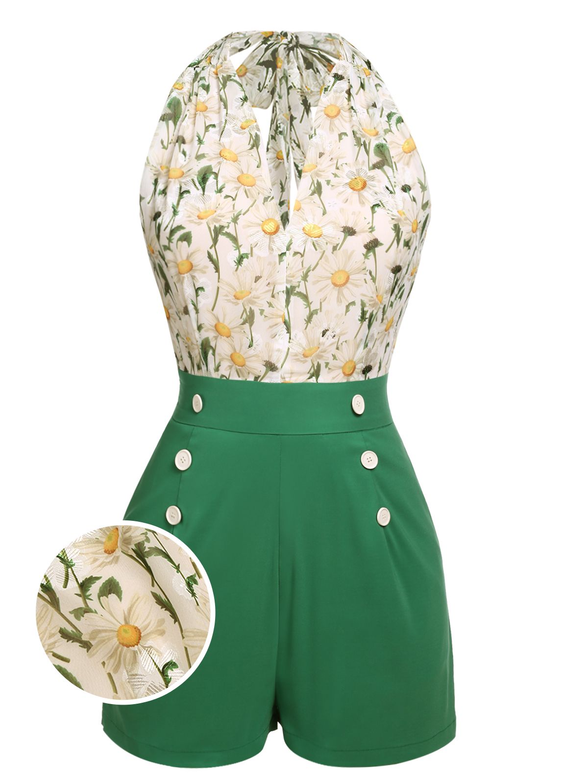 Green floral halter romper, white daisy print bodice with button trim; includes pocket detail