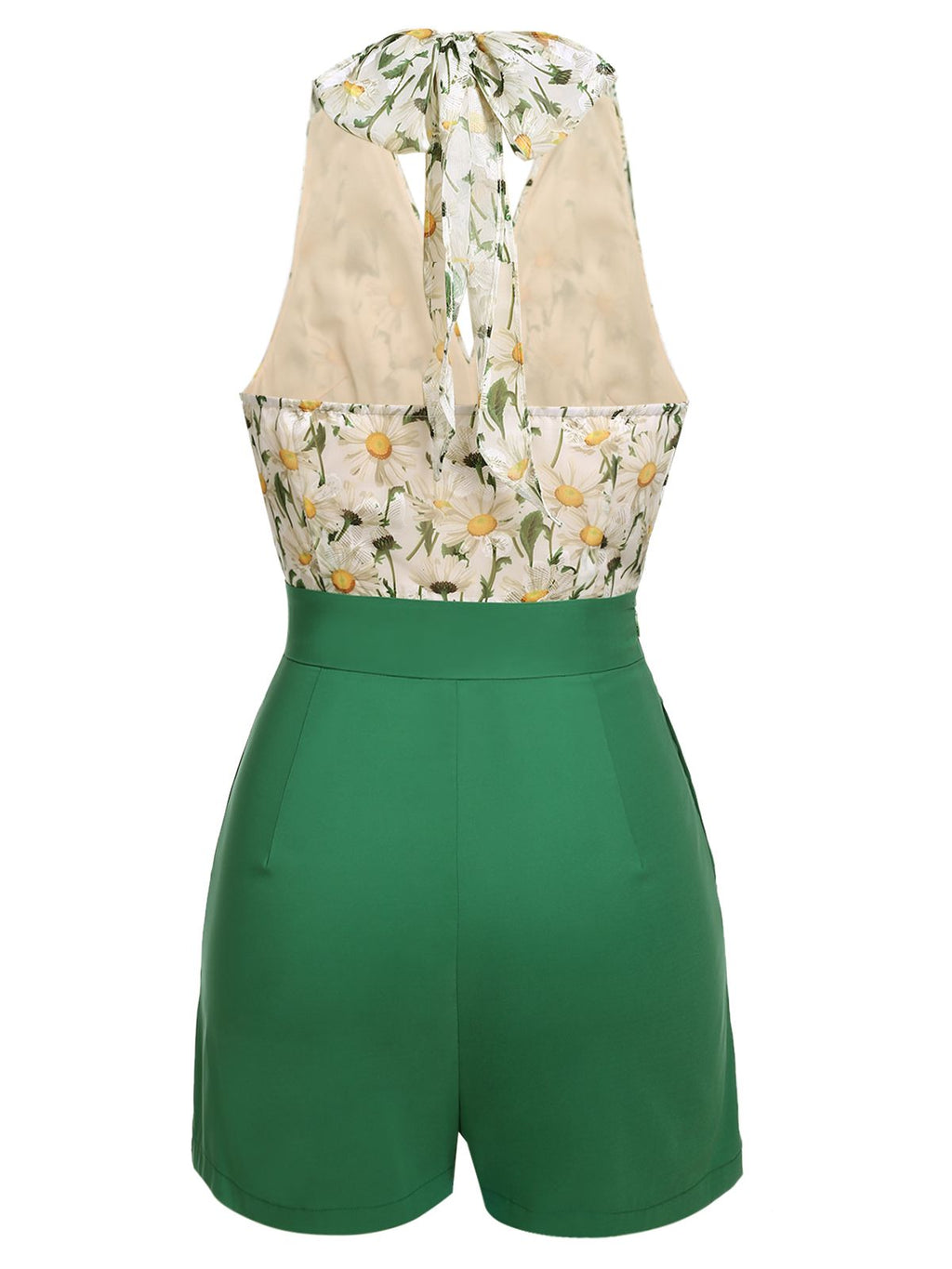 Green floral halter romper with white daisy print back and high-waist shorts