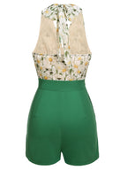 Green floral halter romper with white daisy print back and high-waist shorts
