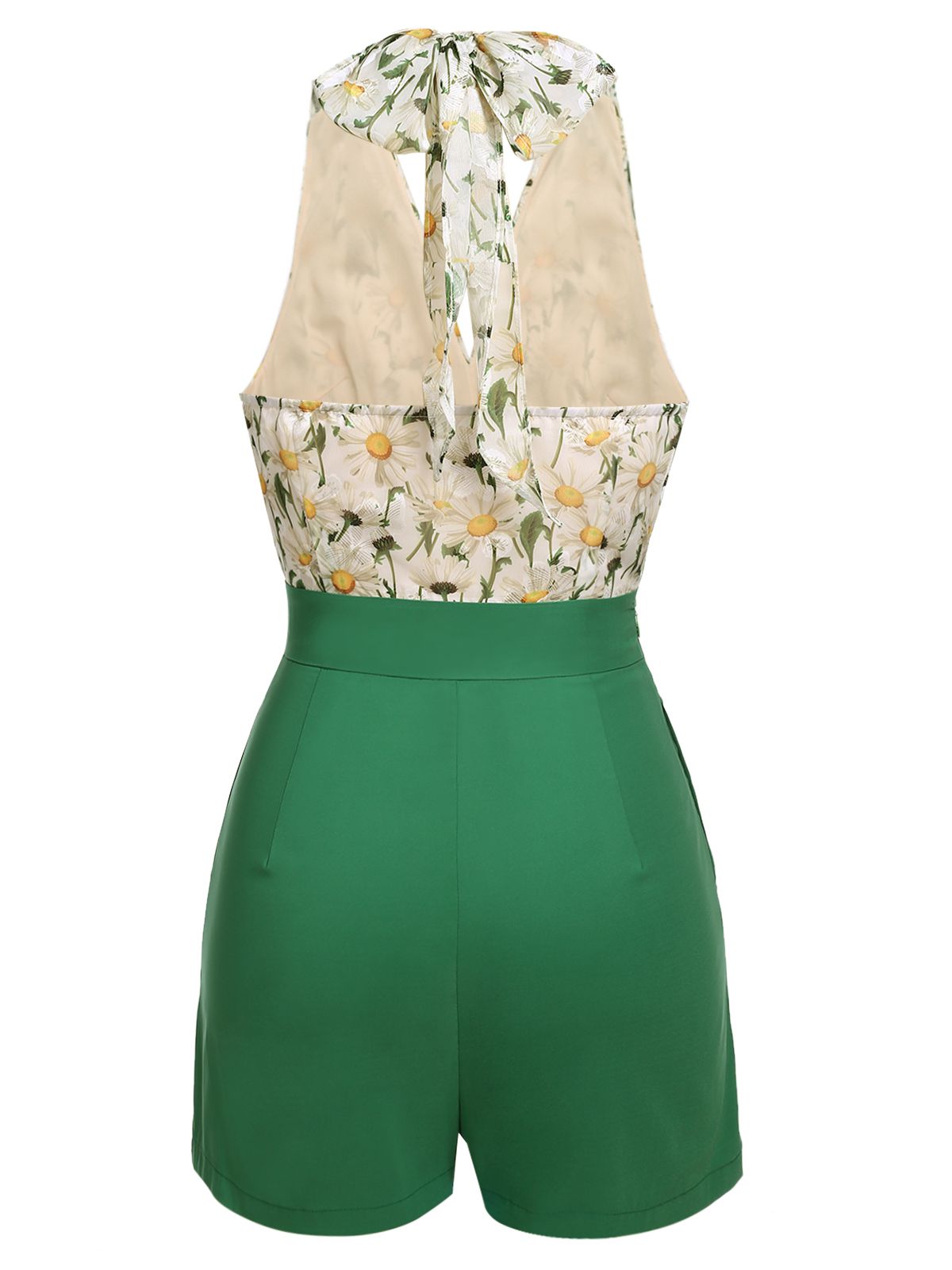 Green floral halter romper with white daisy print back and high-waist shorts