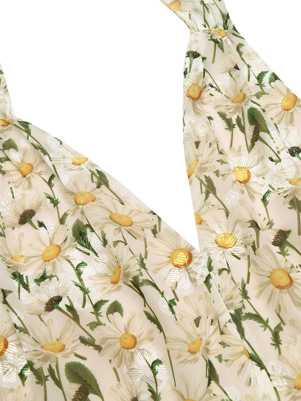 Floral halter romper fabric close-up with white daisies, yellow centers, and green leaves
