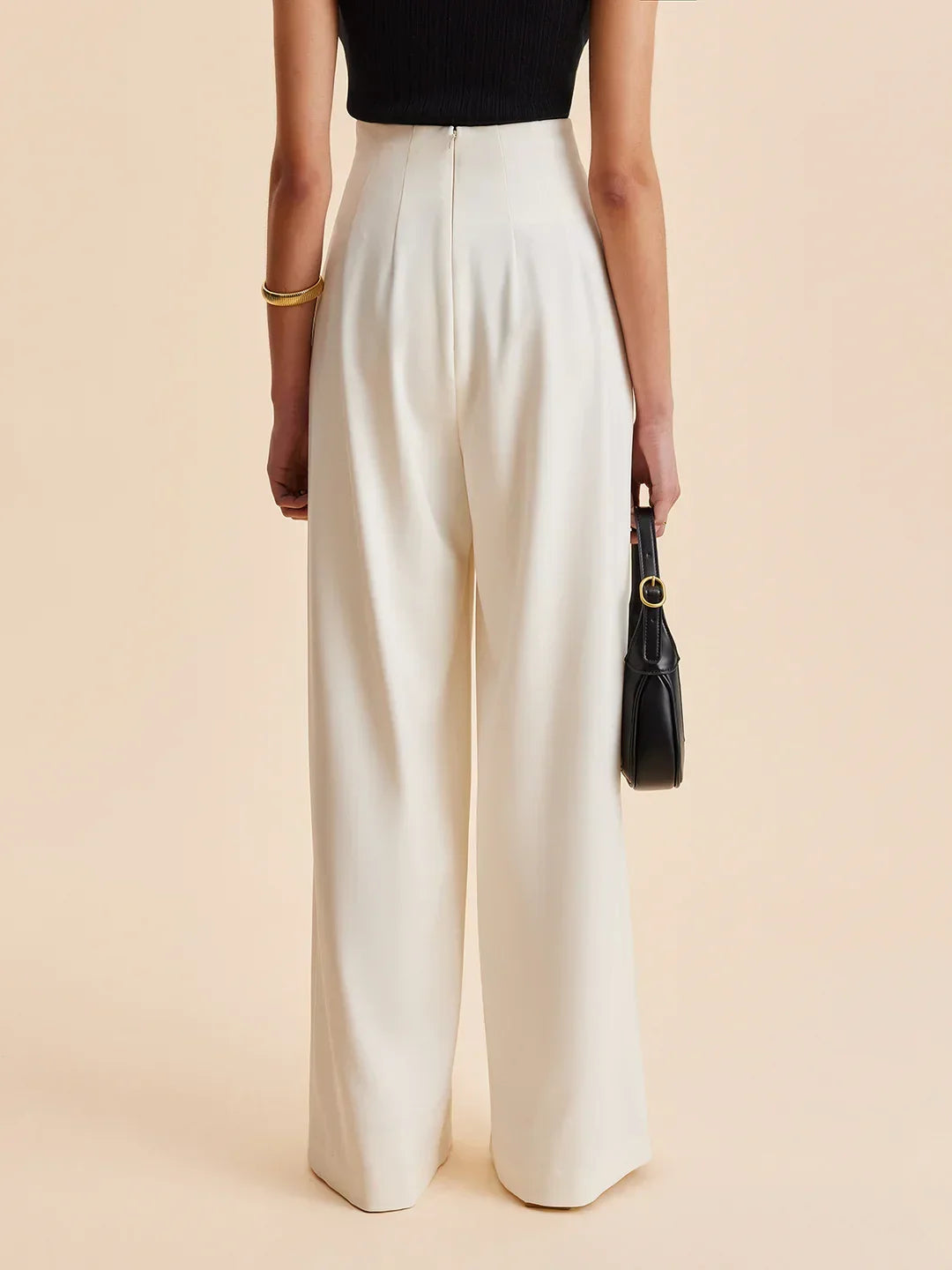 Cream wide-leg tailored pants, floor-length wide leg with gold-button closure