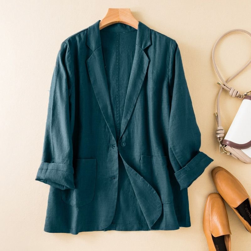 Ocean blue lightweight blazer with notched lapel, two-button closure, chest pocket