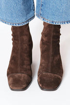 Oumani square-toe heeled suede boots, dark brown, ankle pull-on style